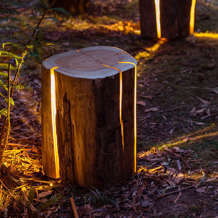 廃材の丸太が、幻想的な光に！優しい光のこぼれる自然のランプ